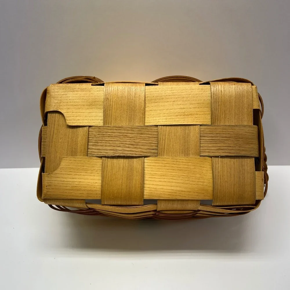 Peterboro Basket Co VTG Yuletide Berry Woven Wood Basket Leather Handle USA Made